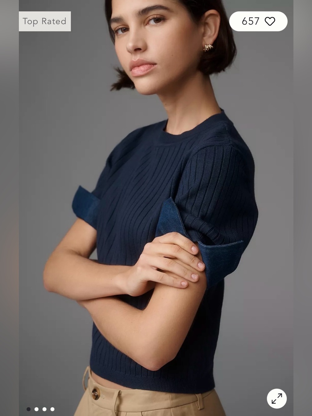 Maeve Mixed Media Denim Cuffed Short Sleeve Sweater in Navy Size XL. NWT